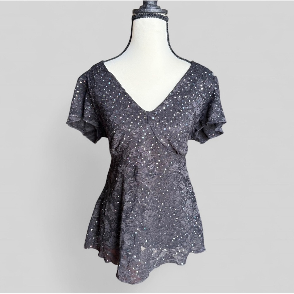 Studio 1940 Black Lace Sequin V Neck Flutter‎ Sleeve Top Women's X-Large
